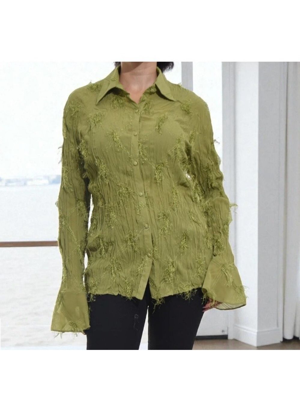 RAG Women's Green Button Up Long Sleeve Tassled Frill Blouse Size M #260185